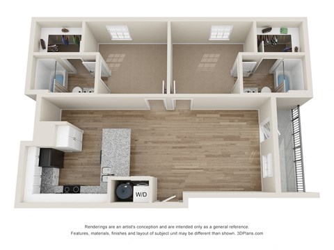 Floor plan for 2 beds, 2 baths, 858 sqft